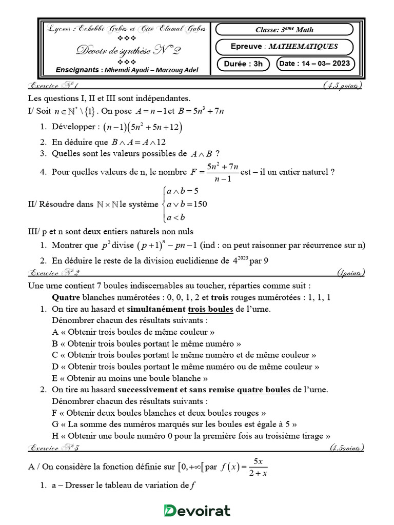 Devoir de Synthèse N°2 - Math - 3ème Mathématiques (2022-2023) MR ...