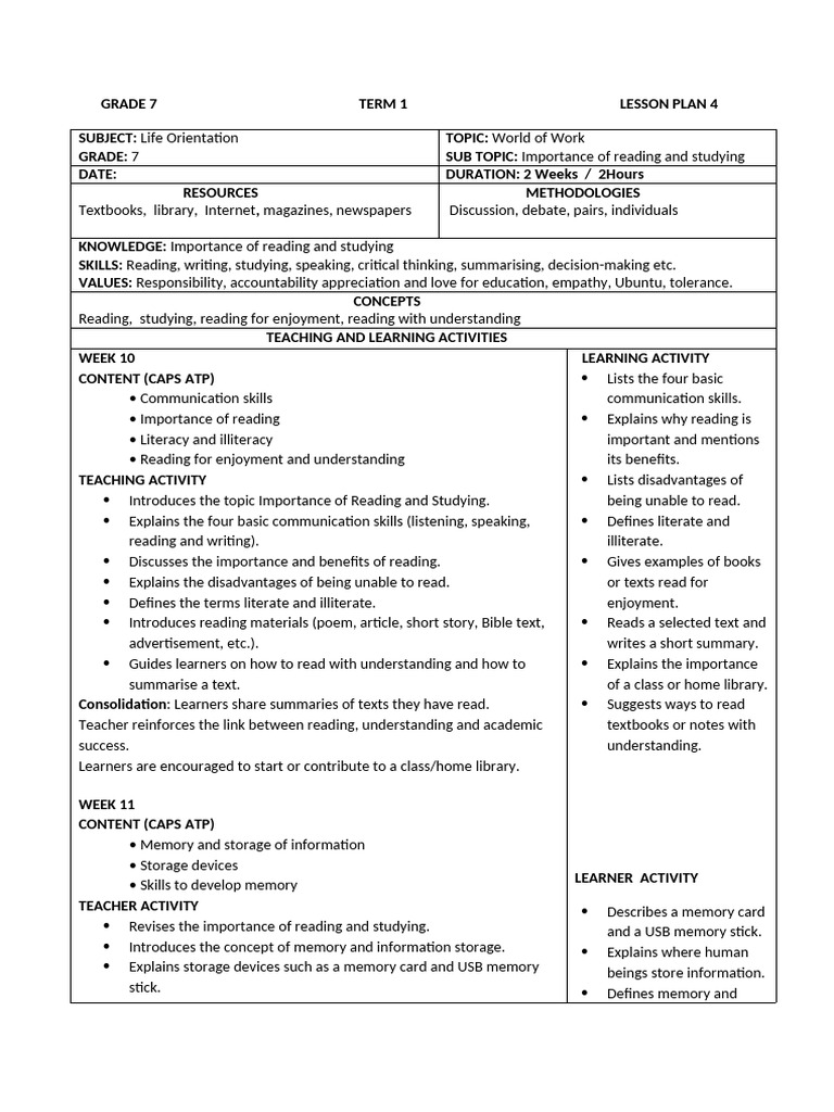 2026 Grade 7 Term 1 Lesson Plan 4 | PDF
