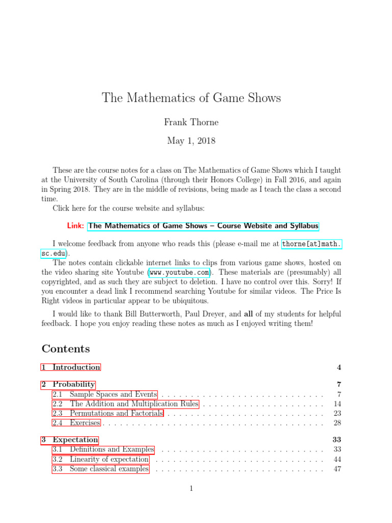 Math Behind Game Shows | PDF | Money | Mathematics