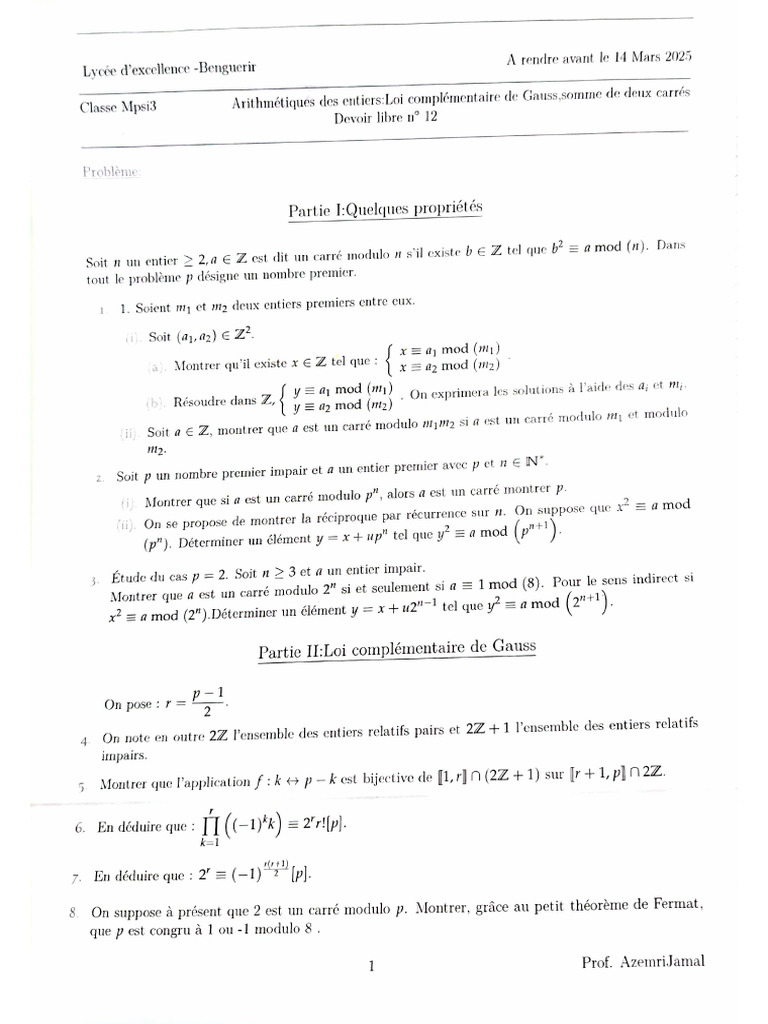 DL12 - Loi complémentaire de Gauss, Somme de deux carrés | PDF