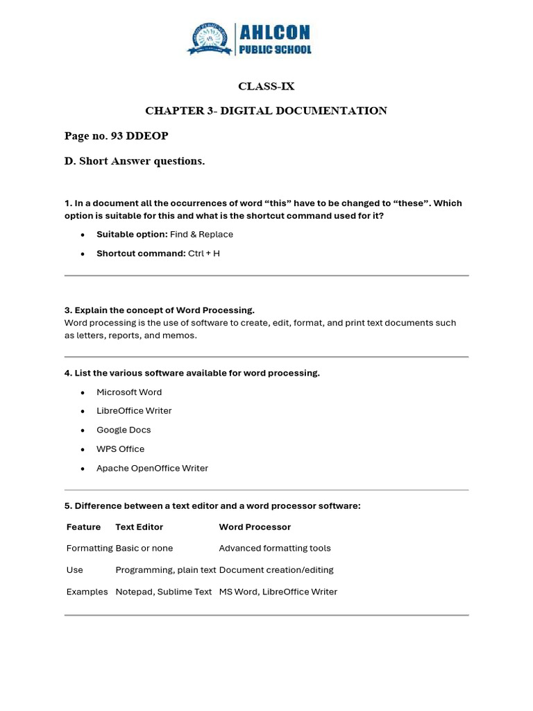 Chapter 3 Digital Documentation Class IX DDEOP | PDF | Microsoft Word ...