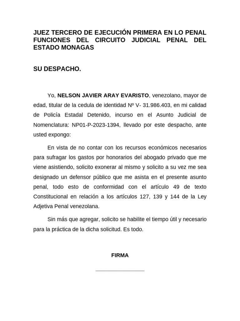 Juez Tercero de Ejecución Primera en Lo Penal Funciones Del Circuito ...