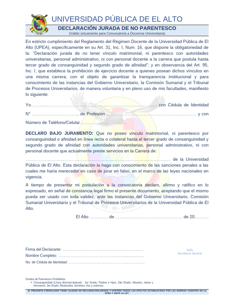 Declaracion Jurada No Parentesco Upea v1.06 | PDF | Parentesco | Justicia