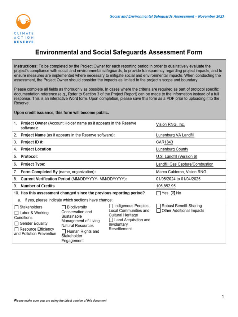 13 - Social Environmental Safeguards Assessment Form - Rev2 | PDF ...