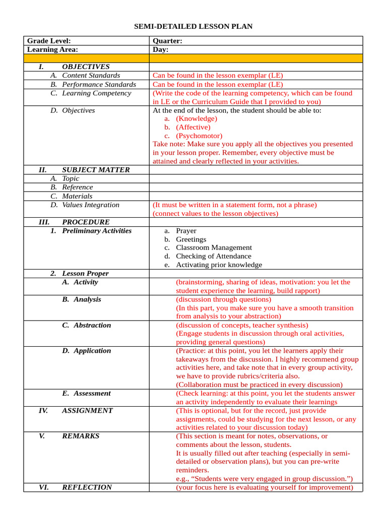Semi Detailed Lesson Plan Format | PDF | Science | Lesson Plan