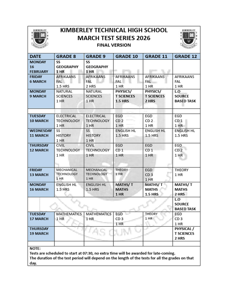 March Test Timetable 2026 V 3 PDF | PDF