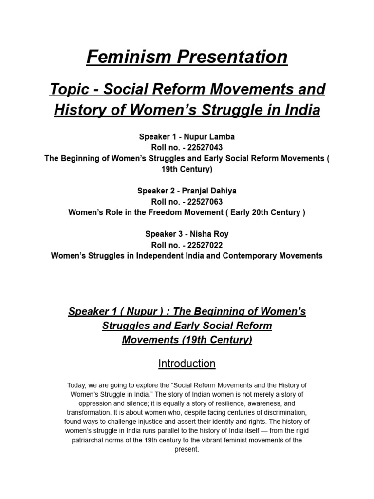 Feminism Presentation: Topic - Social Reform Movements and History of ...