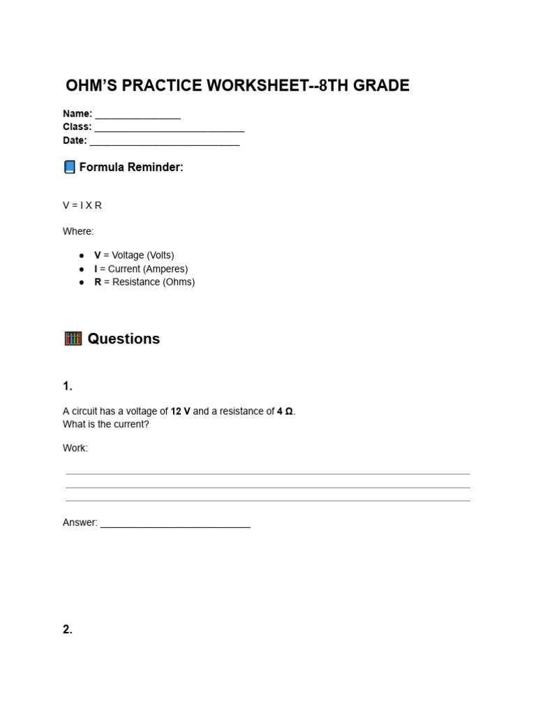 Ohms Practice Worksheet--8th Grade - Google Docs | PDF