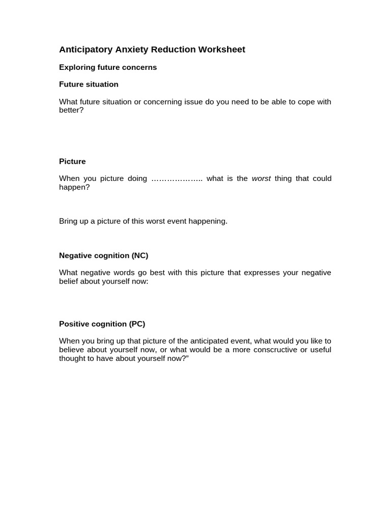 Anticipatory Anxiety Reduction Worksheet | PDF
