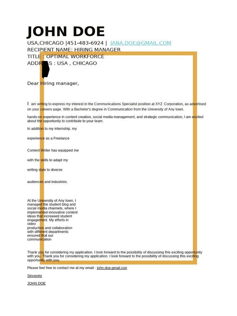 John Doe: USA, CHICAGO - 451-483-6924 - Recipient Name: Hiring Manager ...
