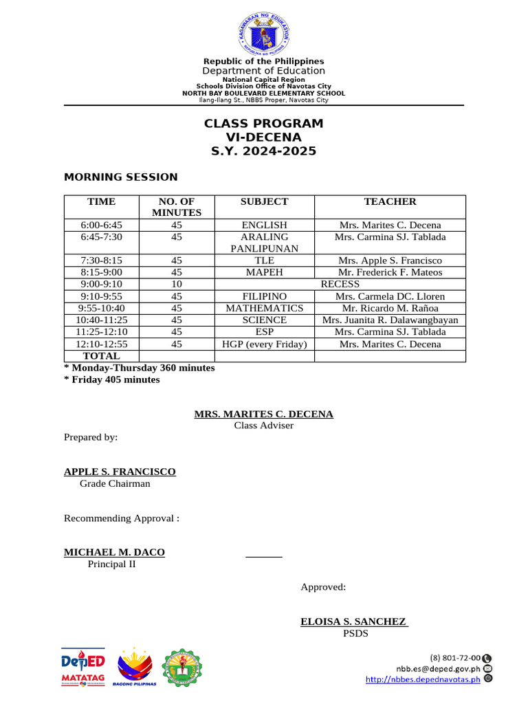 Plan B Grade Six Class Program Sy 2024 2025 | PDF | Philippines | Republic
