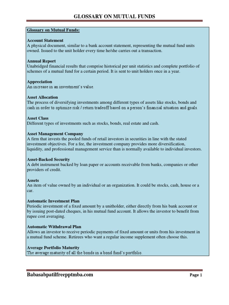 Glossary On Mutual Funds PDF Bonds (Finance) Mutual Funds