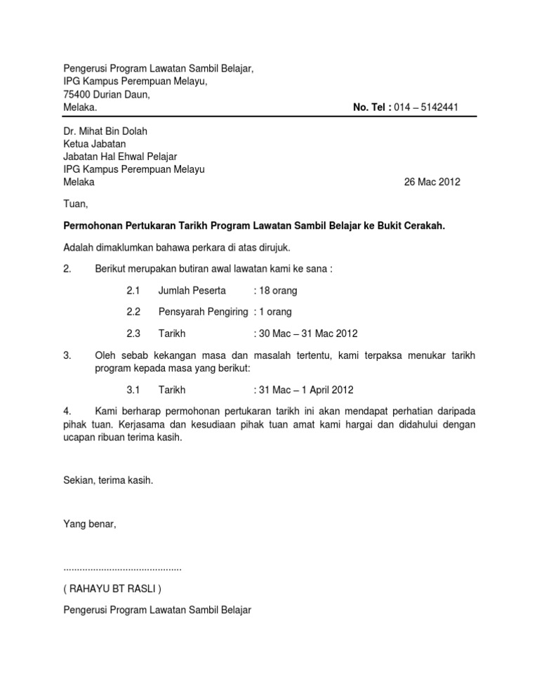 Contoh Surat Penukaran Tarikh