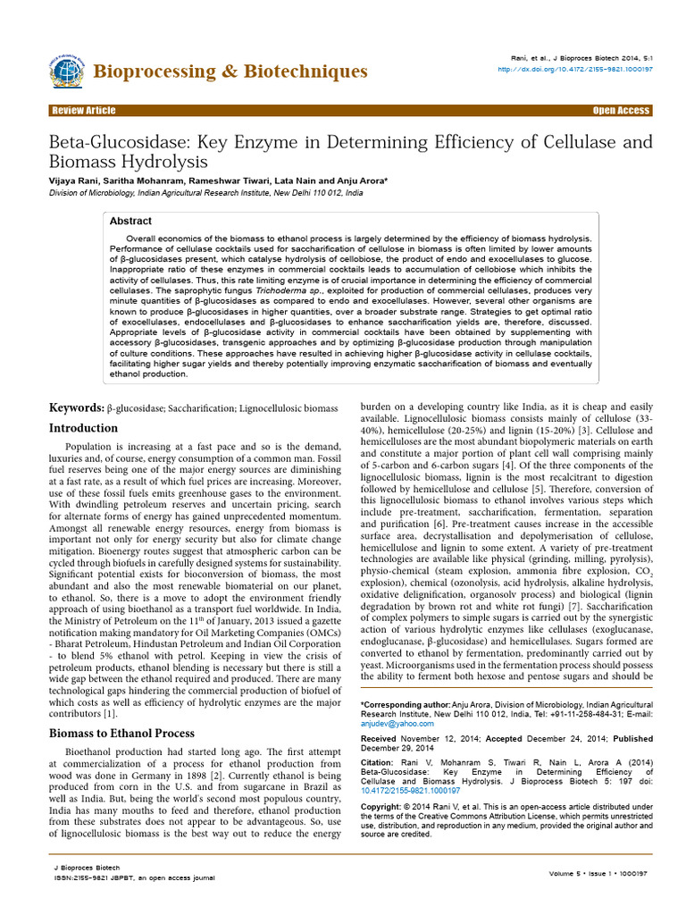 Beta Glucosidase Key Enzyme in Determini | PDF | Hydrolysis | Lignin