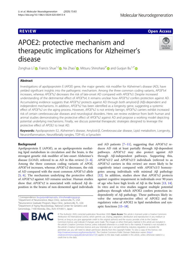 APOE2: Protective Mechanism and Therapeutic Implications For Alzheimer ...