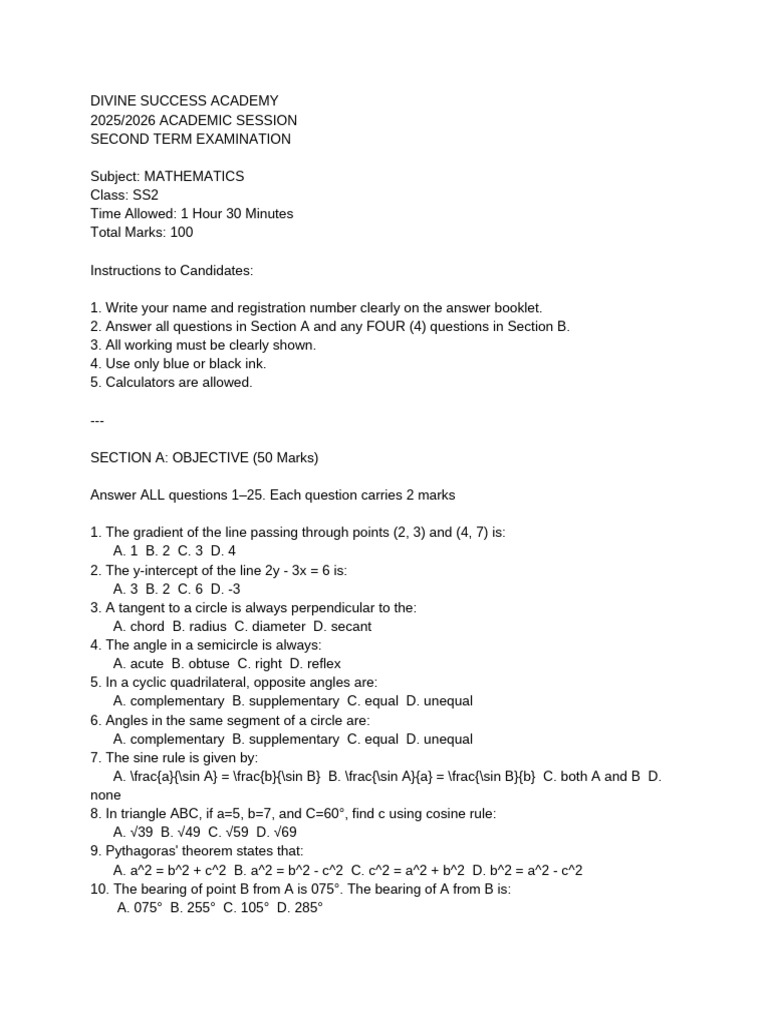 Ss2 Mathematics Second Term Exam | PDF | Trigonometric Functions | Circle