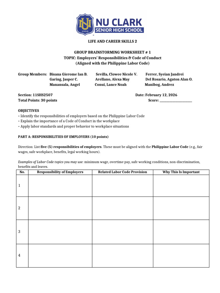 Employers Responsibilities Code of Conduct Worksheet-4 | PDF ...
