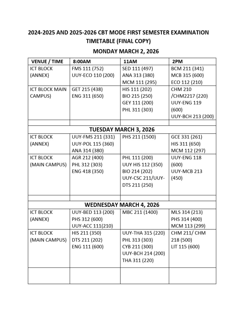 2025-2026 First Semester CBT Examination Timetable (Final Copy) | PDF