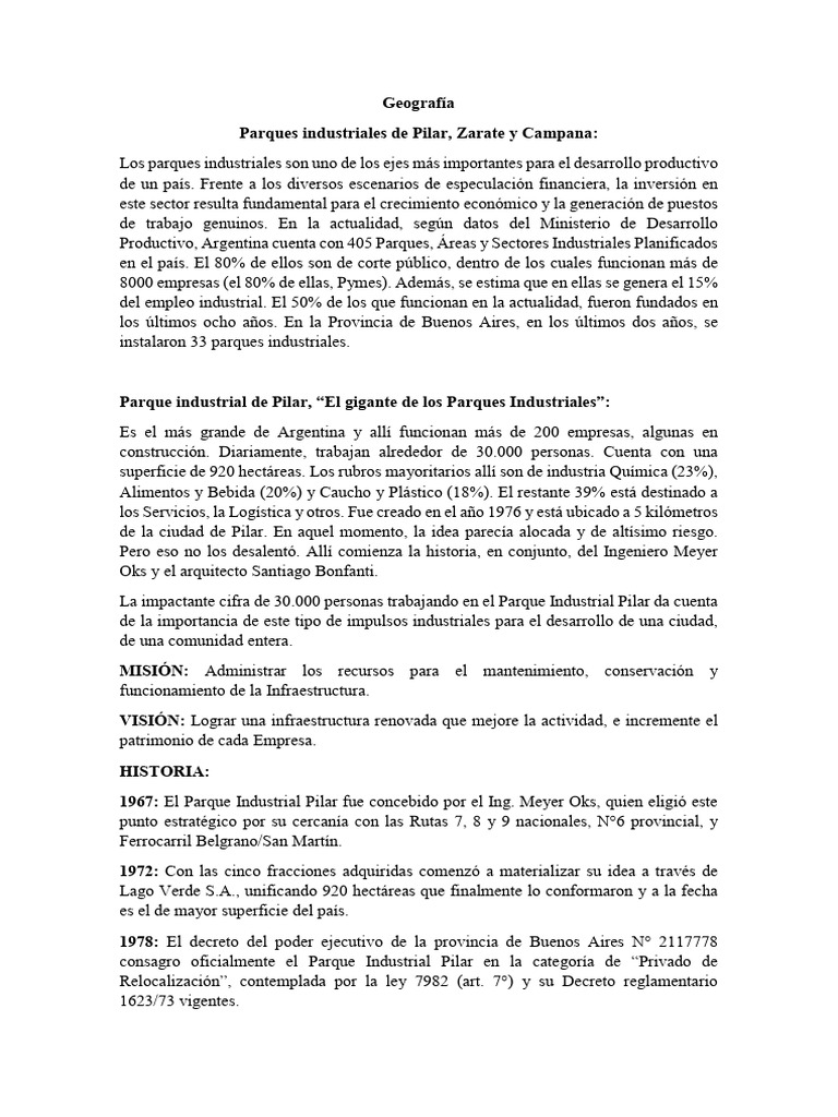 Parques Industriales de Pilar, Zarate y Campana | PDF | Infraestructura ...