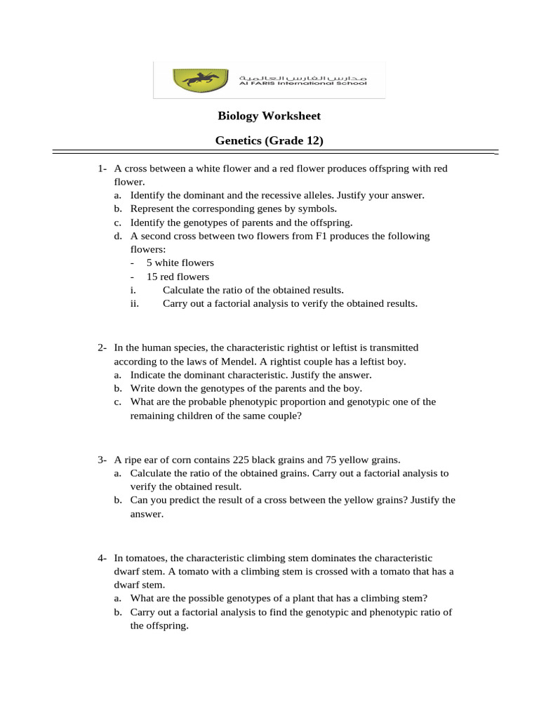 Biology Worksheet 1 - Genetics | PDF | Genotype | Dominance (Genetics)