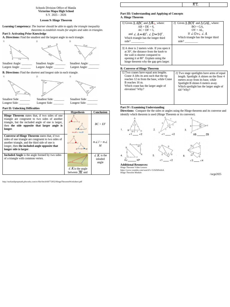 Lesson 3.12 - Hinge Theorem Handout | PDF | Triangle | Angle