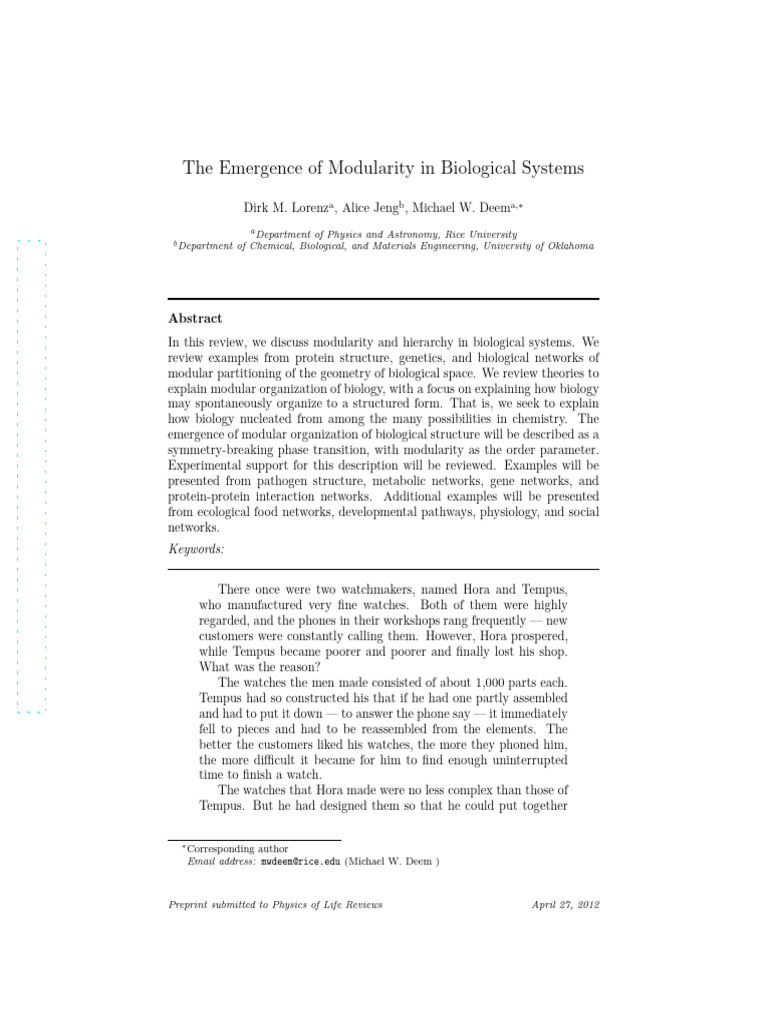 The Emergence of Modularity in Biological Systems | PDF | Evolution ...