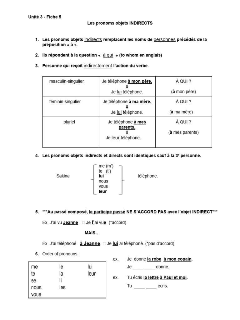 05. 2D F5U3 les pronoms objets indirects | PDF | Complément d'objet ...