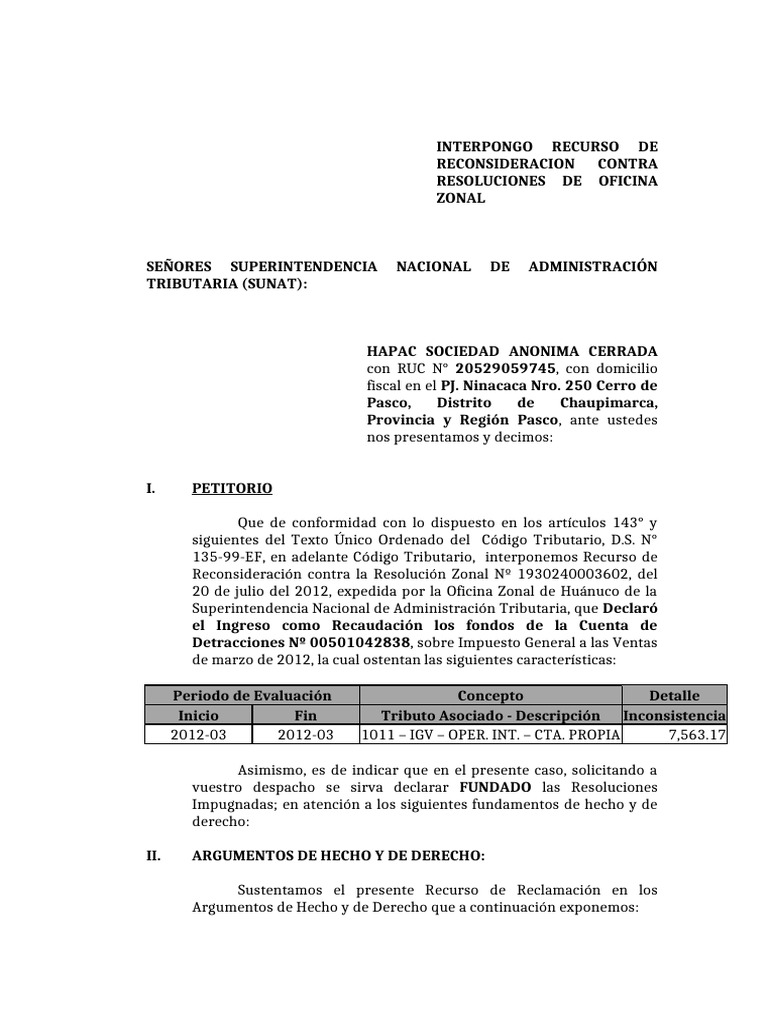 Recurso de Reconsideracion Hapac | PDF