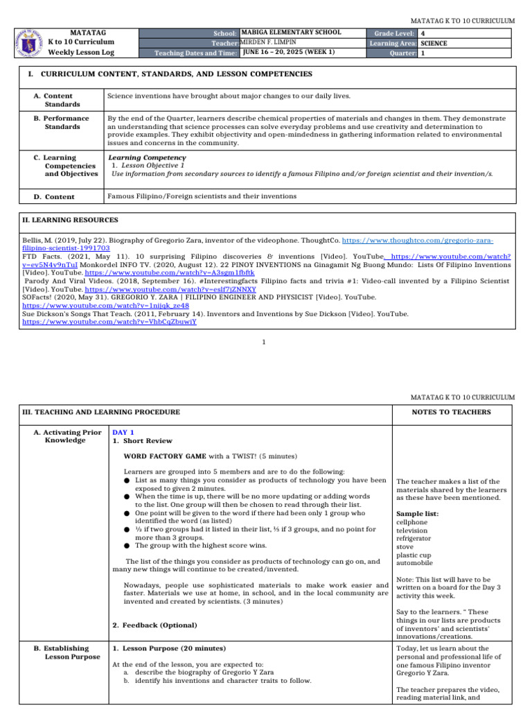 DLL Matatag - Science 4 q1 w1 | PDF