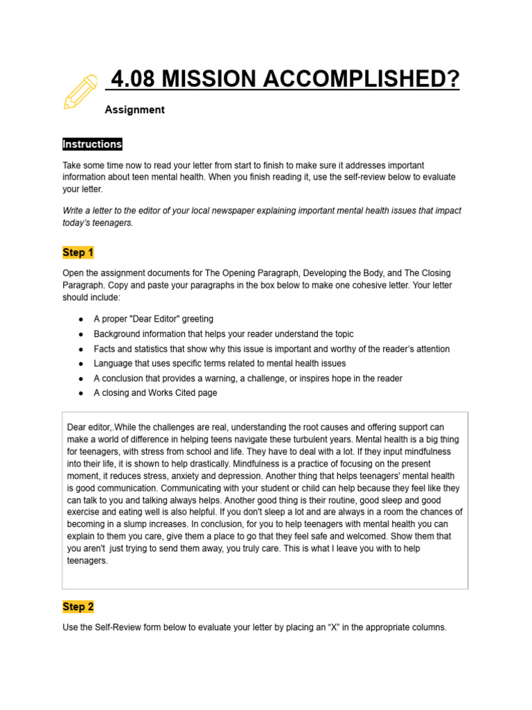 4.08 Mission Accomplished - Assignment | PDF | Adolescence | Mental Health