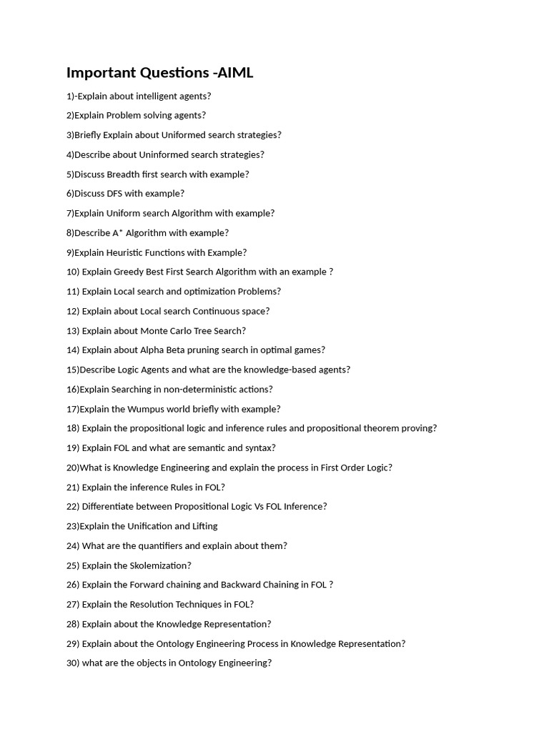AIML Important Questions For Mid-1 | PDF | Logic | Knowledge ...