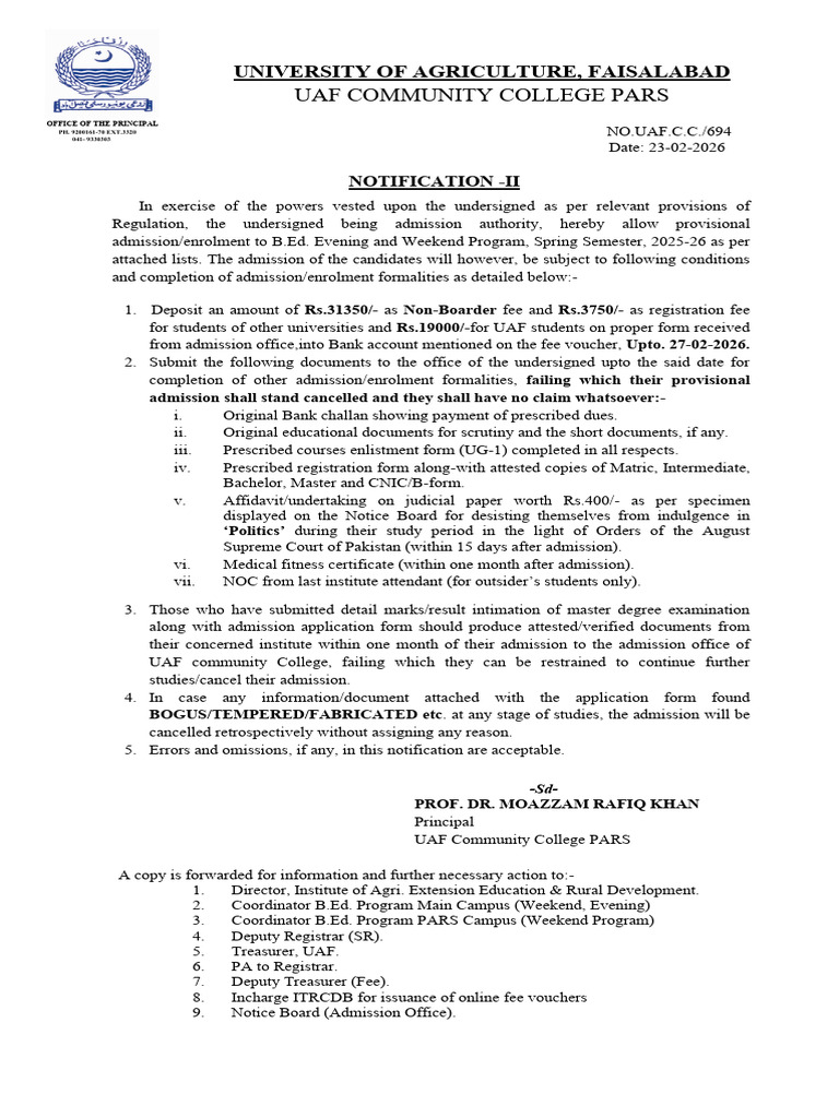2nd Notification and Merit List B.ed Program for Spring 2026 | PDF