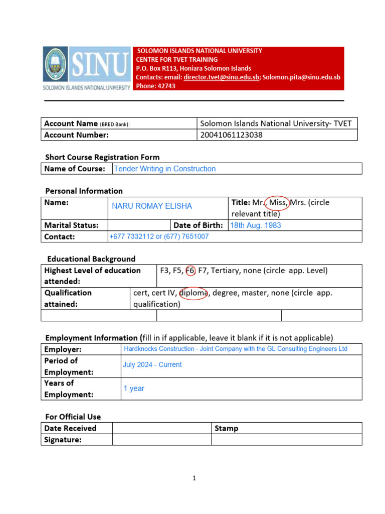 Short Course Registration Form Blank | PDF