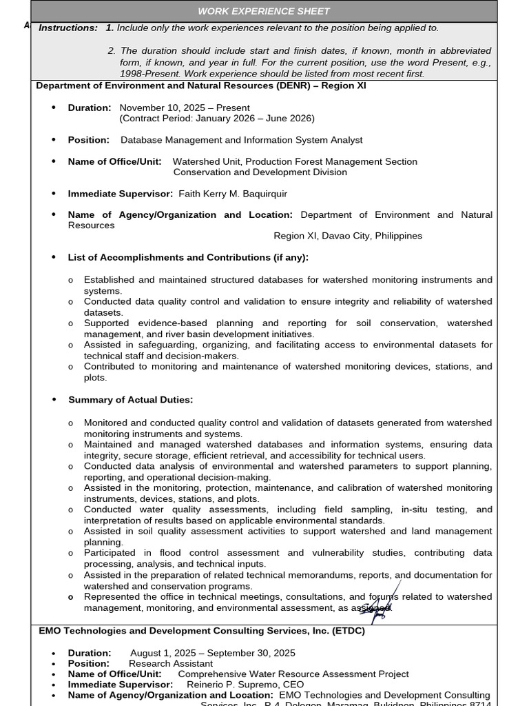 ANNEX H-2 - CS Form No. 212 Attachment - Work Experience Sheet | PDF ...