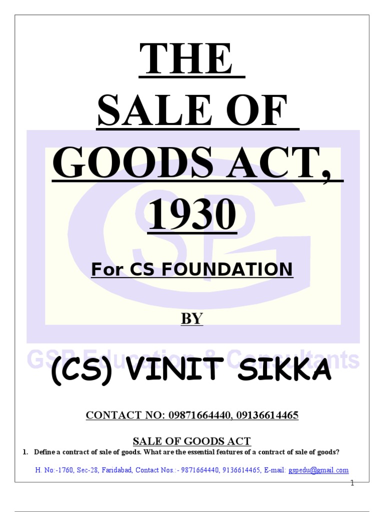 Sale of Goods Act (1) | Breach Of Contract | Implied Warranty