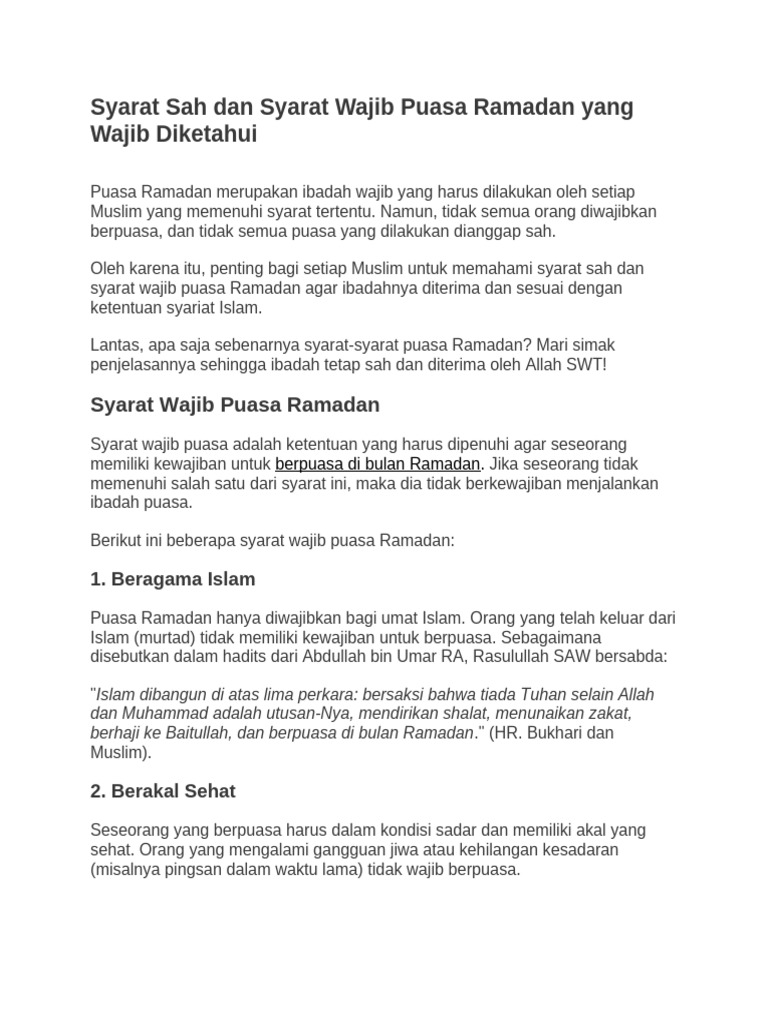 Syarat Sah Dan Syarat Wajib Puasa Ramadan Yang Wajib Diketahui | PDF