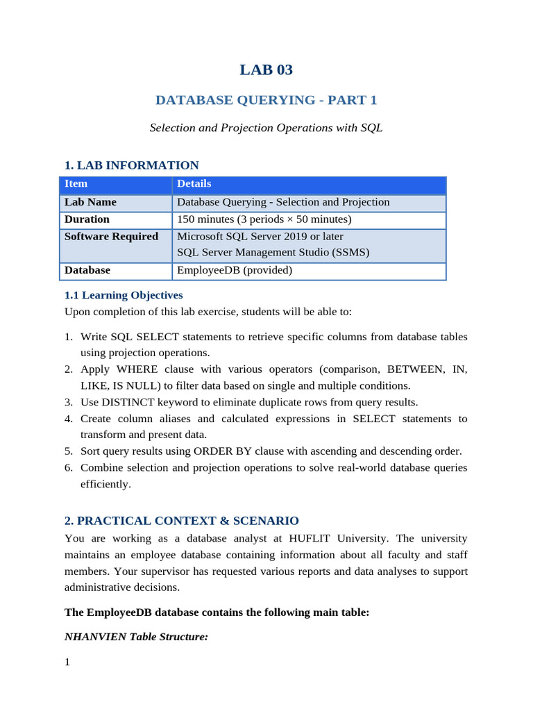 Lab03 Database Querying Part1 | PDF | Databases | Microsoft Sql Server