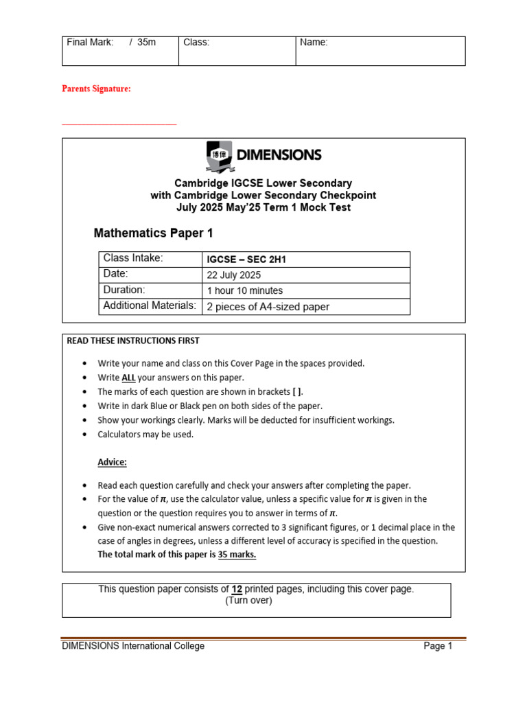 Term 1 Mock Papers Q7 | PDF | Area | Length