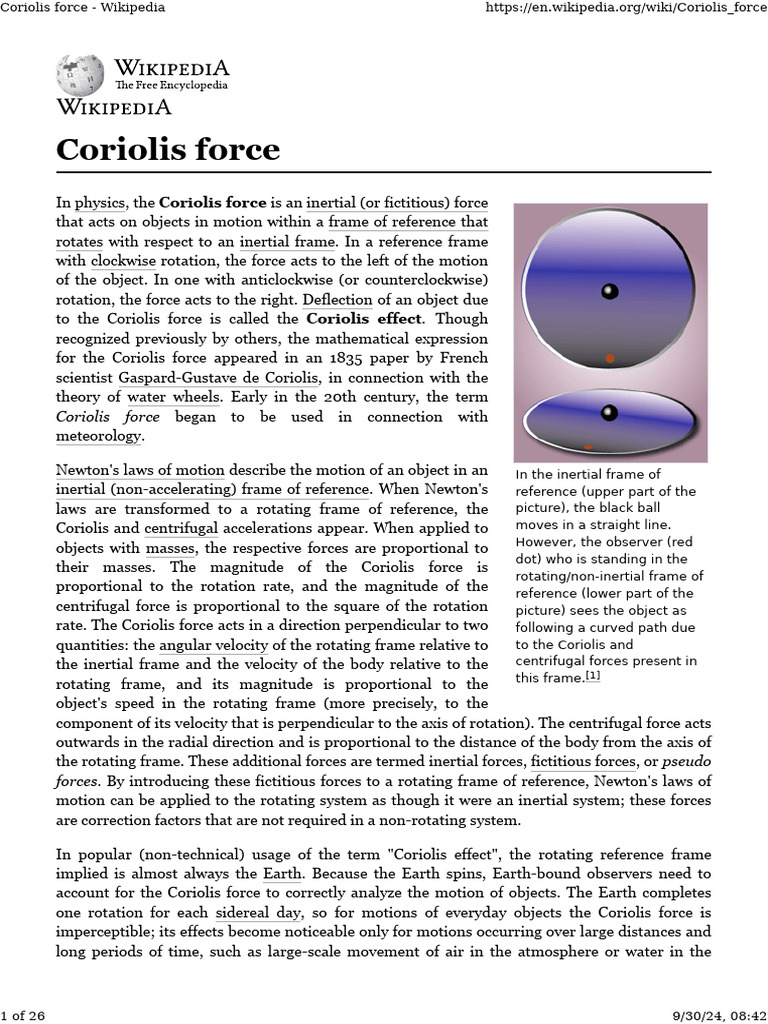 Coriolis Force - Wikipedia | PDF | Force | Rotation