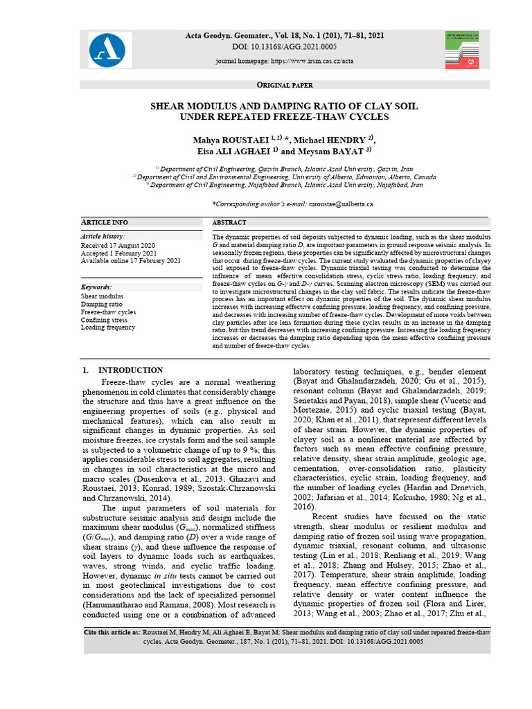 Shear Modulus and Damping Ratio of Clay Soil Under Repeated Freeze Thaw ...