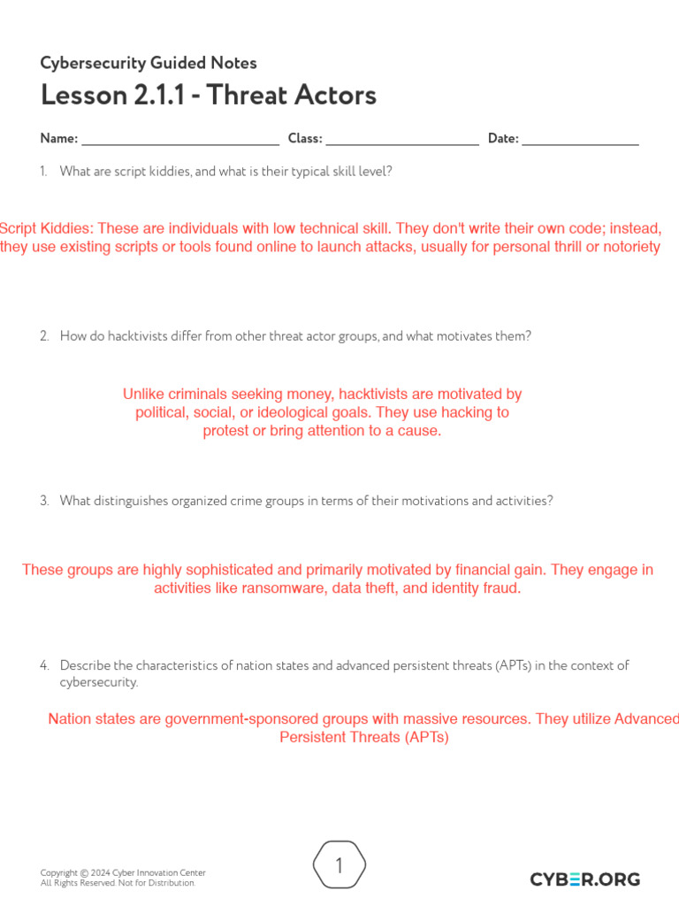 2.1.1 - Threat Actors - Guided Notes 1 | PDF | Security | Computer Security
