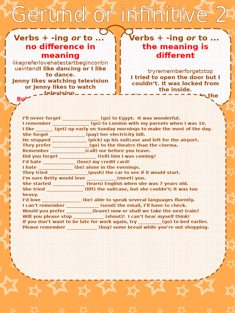 Gerund or Infinitive Fun Activities Games 19254 | PDF