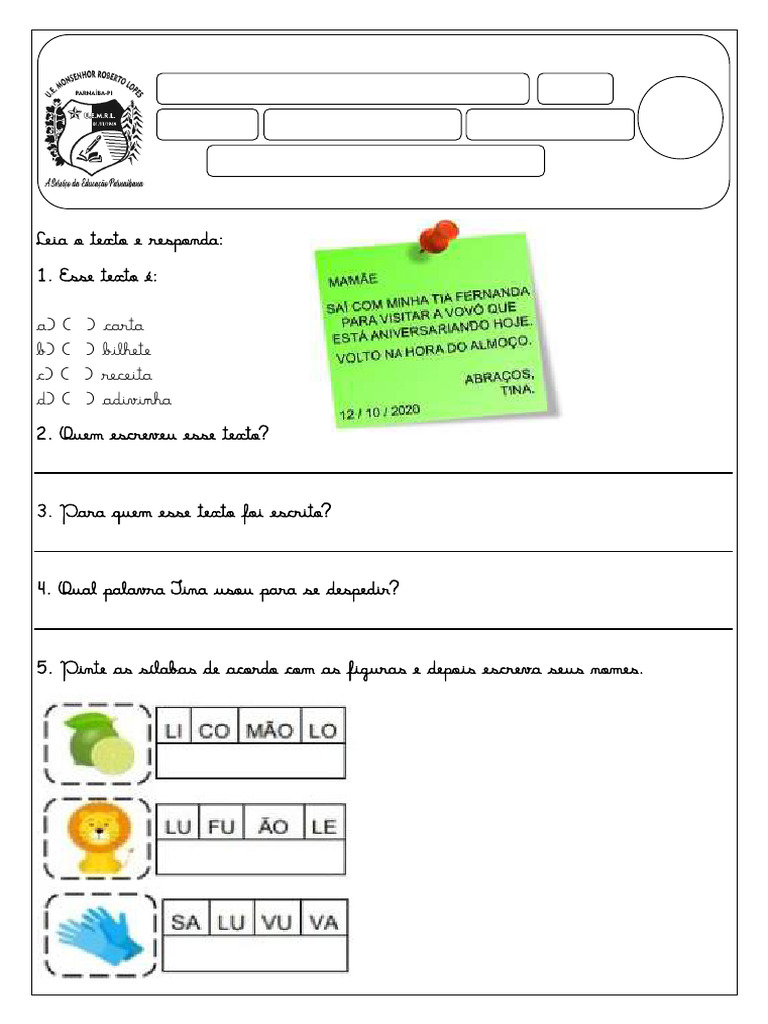 Avaliação Língua Portuguesa 1º Ano | PDF