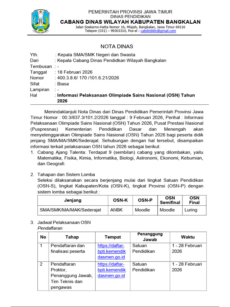 Nota Dinas Informasi OSN 2026 | PDF