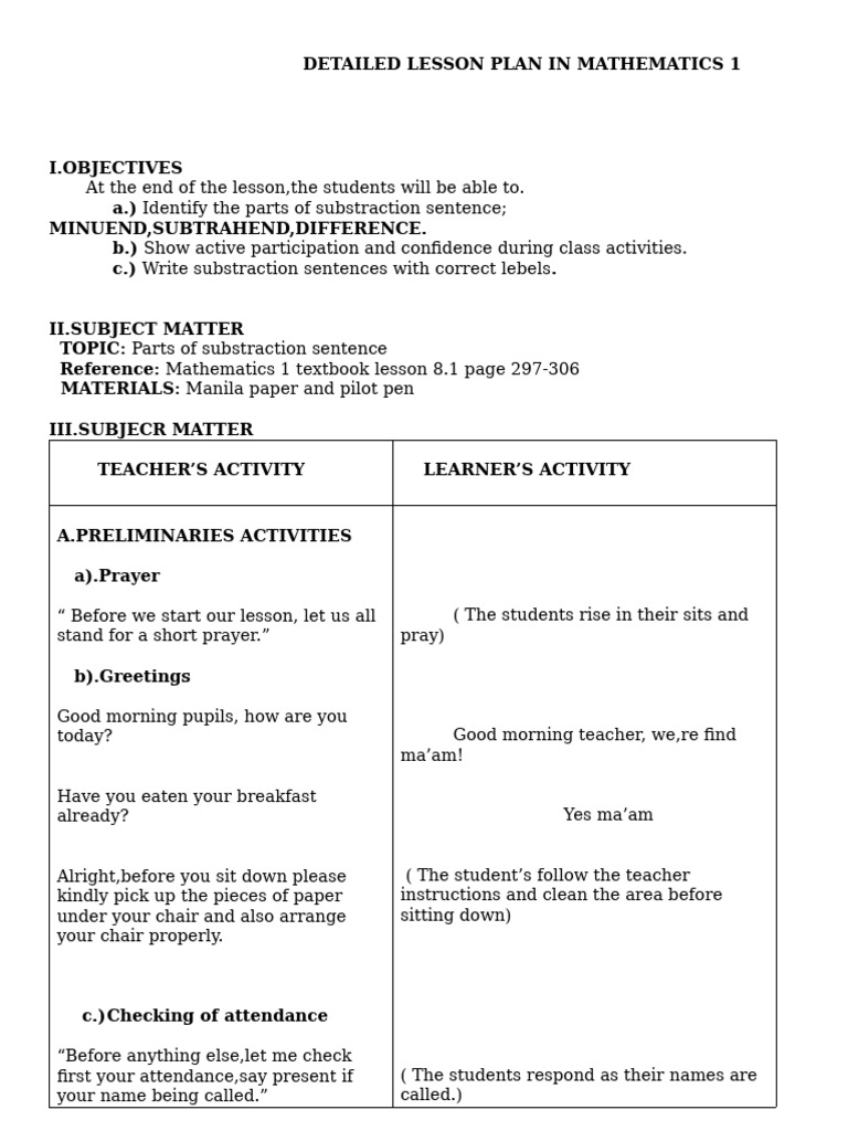 Detailed Lesson Plan Mathematics 1 | PDF | Subtraction | Numbers