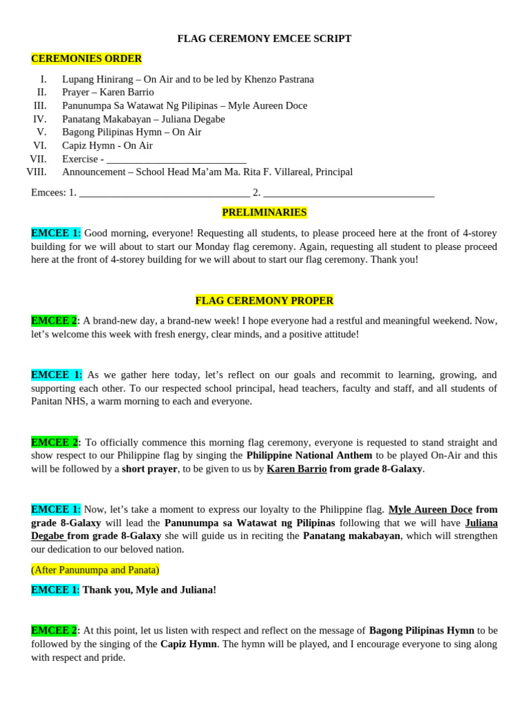 Flag Ceremony Emcee Script | PDF
