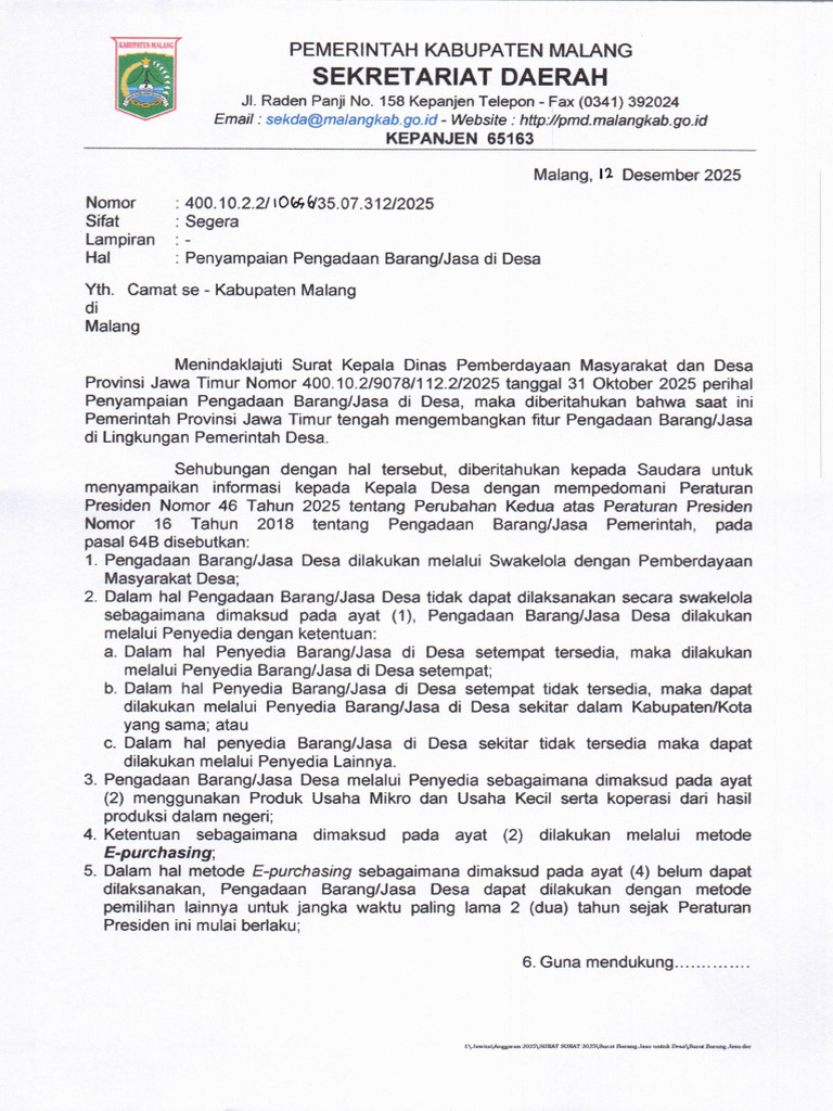 Surat Penyampaian Pengadaan Barang Jasa Di Desa | PDF
