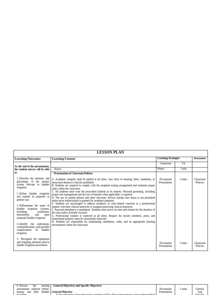 Bladder Irrigation Lesson Plan - Edited | PDF | Prostate | Urinary System