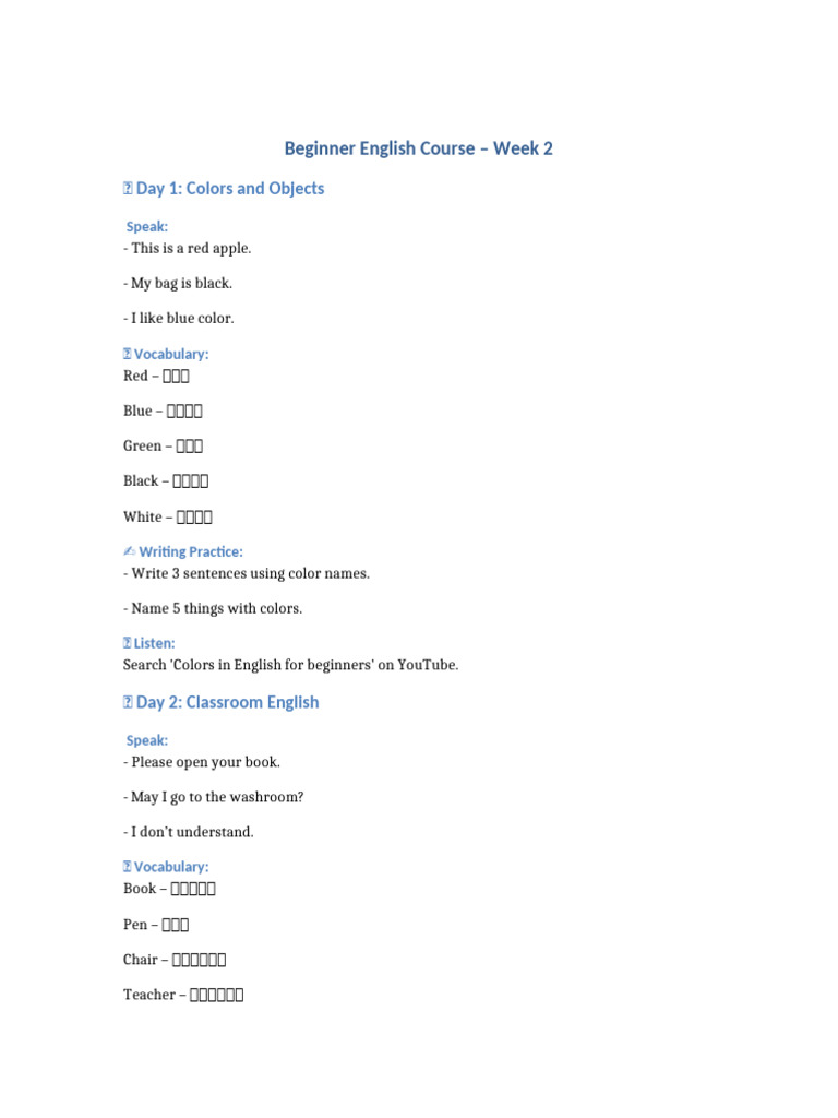 Beginner English Course Week 2 | PDF