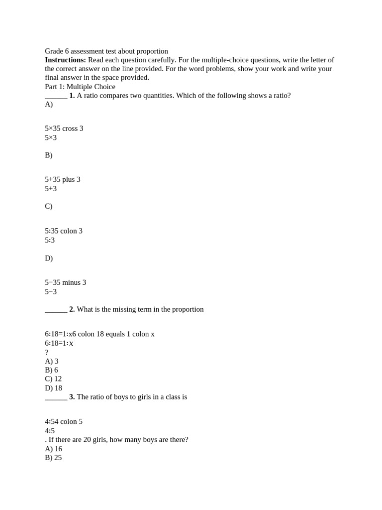 Grade 6 Assessment Test About Proportion | PDF | Mathematics | Arithmetic
